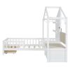 Twin Size House Bed with Upholstered Sofa, House Bed with Charging Station, Wireless Charging, Shelves and Two Drawers, White