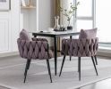 Pure Purple Modern Velvet Dining Chairs Set of 2 Hand Weaving Accent Chairs Living Room Chairs Upholstered Side Chair with Black Metal Legs for Dining