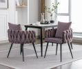 Pure Purple Modern Velvet Dining Chairs Set of 2 Hand Weaving Accent Chairs Living Room Chairs Upholstered Side Chair with Black Metal Legs for Dining