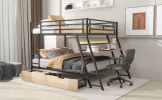 Full Size Metal Bunk Bed with Built-in Desk, Light and 2 Drawers, Black