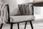 Pure Ivory Modern Velvet Dining Chairs Set of 2 Hand Weaving Accent Chairs Living Room Chairs Upholstered Side Chair with Black Metal Legs for Dining