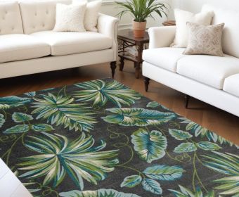 8' X 11' Grey Teal Machine Woven Oversized Tropical Leaves Indoor Area Rug