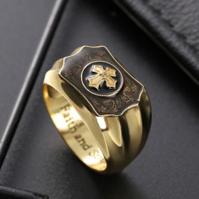 Golden Plated Cross Ring For Men Black Onyx Carved Faith And Strength Ring Jesus Bible Cross Religious Ring Gothic Punk Retro Vintage Prayer Ring (size: 12)