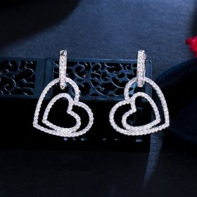 Double Love Earrings Micro Inlaid Zircon Double Stack Heart-shaped Sweet Eardrop Buckle (Color: White gold)