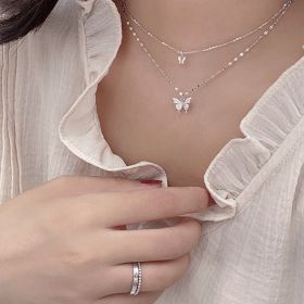 Fashion Jewelry Charm Women Alloy Rhinestone Butterfly Double Chain Necklace (Metal Color: silver color)