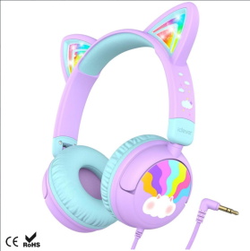 Headphones Cat Ear, LED Light Up, Safe Volume, Stereo Sound, Foldable 3.5mm Wire Connection, Suitable For IPad Tablets (Color: Pink)